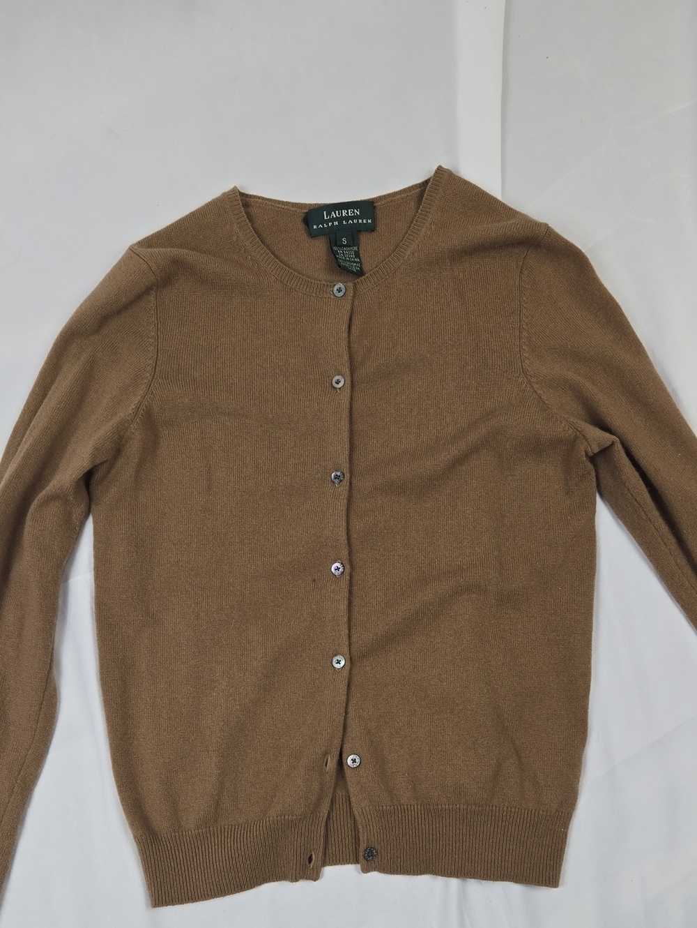 Lauren Ralph Lauren Camel Cashmere Crewneck Button Cardigan Sweater Small